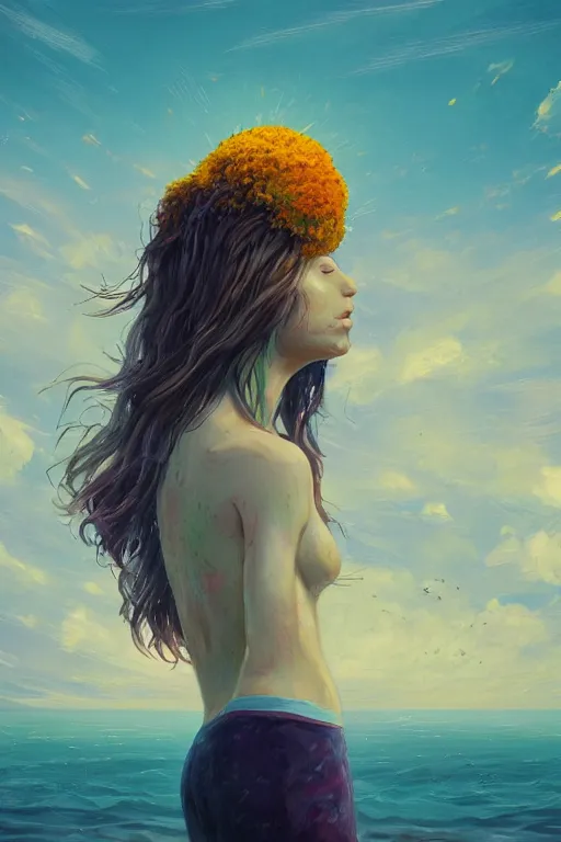 Image similar to closeup, giant flower head, a girl on beach, surreal photography, wind and cold, dramatic sky, impressionist painting, digital painting, artstation, simon stalenhag