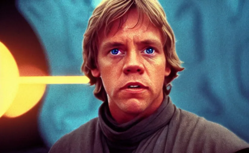 Prompt: screenshot portrait of Luke Skywalker, played by mark Hammill, in a teal, round Temple scene from 1980s film by Stanley Kubrick, 4k serene, iconic shot, surreal sci fi set design, photoreal detailed face, moody lighting stunning cinematography, hyper detailed, sharp, anamorphic lenses, kodak color film