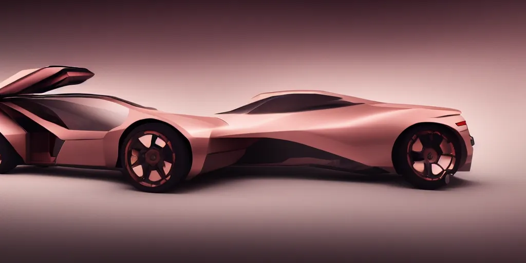 Image similar to a design of a futuristic vehicle, designed by Polestar, blade runner background, brushed rose gold car paint, black windows, dark show room, dramatic lighting, hyper realistic render, depth of field