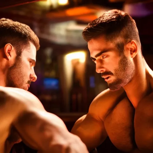 Image similar to cinematic scene with attractive muscular male and another attractive muscular male, drinking their hearts out, in the pub, high definition, very detailed, volumetric lighting, still frame