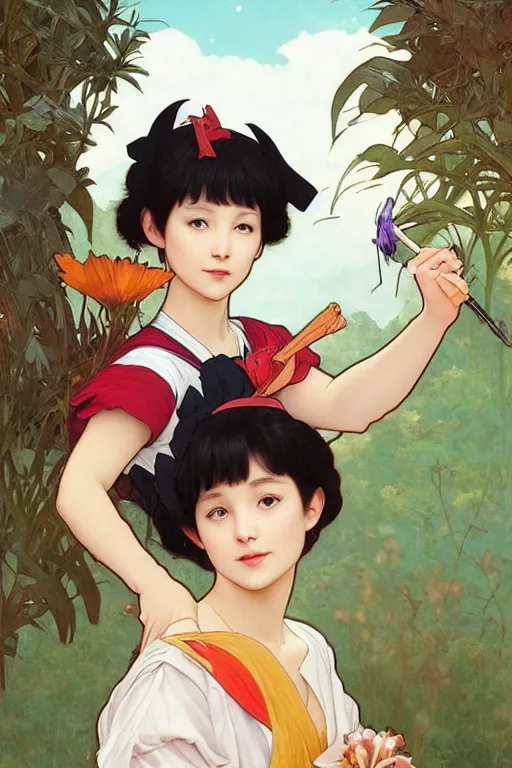 Prompt: kiki in kiki\'s delivery service in ancient java, highly detailed, digital painting, artstation, concept art, smooth, sharp focus, illustration, ArtStation, art by artgerm and greg rutkowski and alphonse mucha and J. C. Leyendecker and Edmund Blair Leighton and Katsuhiro Otomo and Geof Darrow and Phil hale and Ashley wood and Ilya repin and Charlie Bowater