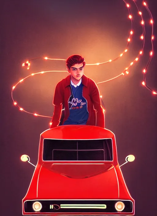 Image similar to teenage archie andrews, in a red ford model t, intricate, elegant, glowing lights, highly detailed, digital painting, artstation, sharp focus, illustration, art by wlop, mars ravelo and greg rutkowski