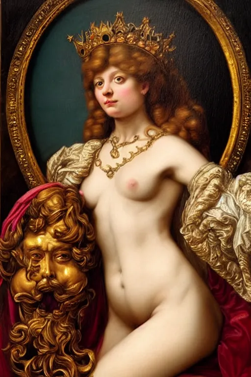 Image similar to hyper realistic painting portrait of the queen of saturn, occult diagram, elaborate details, rococo, baroque, gothic, intrincate ornaments, gold decoration, caligraphy, occult art, illuminated manuscript, oil painting, art noveau, in the style of roberto ferri, gustav moreau, waterhouse and bussiere