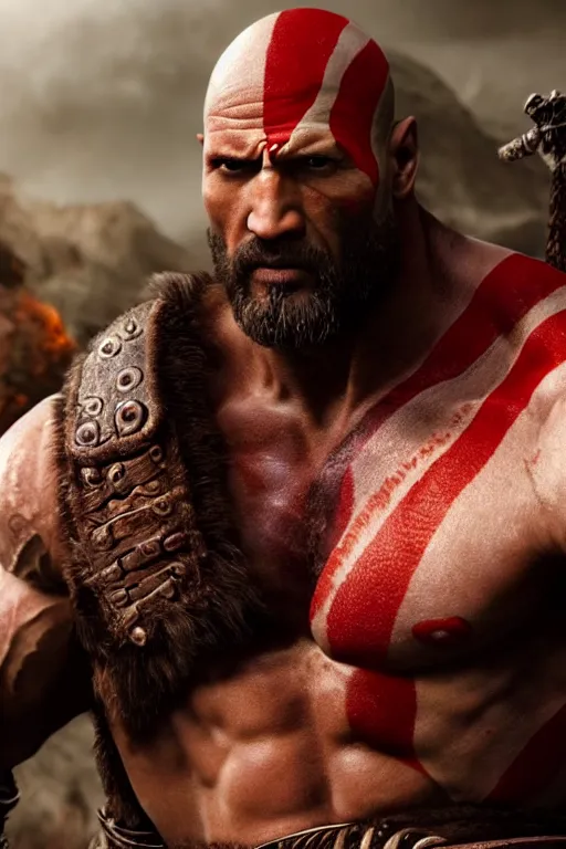 Prompt: film still from god of war, a highly detailed beautiful closeup photo of dwayne johnson kratos holding a sword and fighting zombies on a pile of human skulls, spartan warrior, olympian god, muscular!,, action pose, ambient lighting, volumetric lighting, octane, fantasy