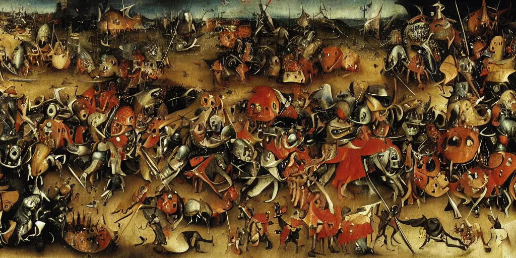 Image similar to a fantasy monster fighting an army of knights as drawn by hieronymus bosch, oil painting, highly detailed