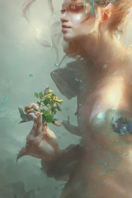 Image similar to face closeup a young beautiful girl drowned in water, 3 d render, hyper realistic detailed portrait, holding magic flowers, ruan jia, wlop. scifi, fantasy, hyper detailed, octane render, concept art, peter mohrbacher