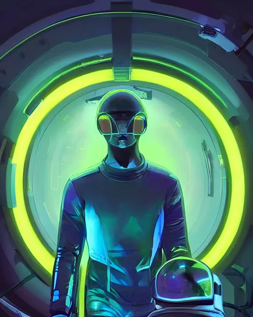 Image similar to future coder man looking on, sleek cyclops display over eyes and sleek bright headphoneset, neon accent lights, holographic colors, desaturated headshot portrait digital painting by dean cornwall, rhads, john berkey, tom whalen, alex grey, alphonse mucha, donoto giancola, astronaut cyberpunk electric