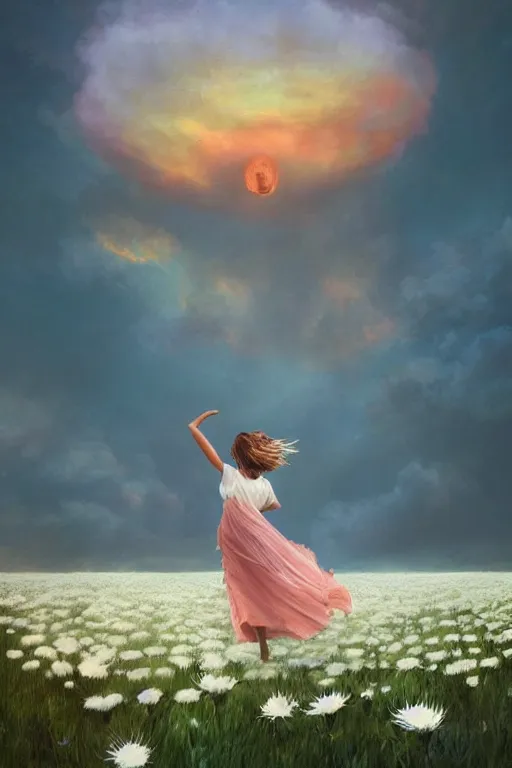 Image similar to veil made of giant white daisy flower, girl dancing in a flower field, surreal photography, sunrise, dramatic light, impressionist painting, colorful clouds, digital painting, artstation, simon stalenhag