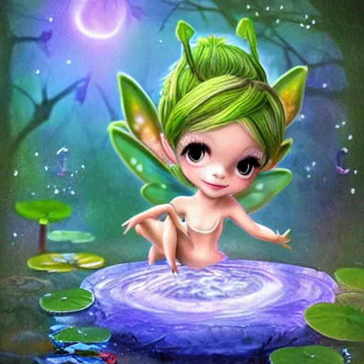 Image similar to tiny mischievous forest fairy spirit darts through the air over a frog pond at night. she is small, like tinker bell. the spirit a cute chibi dryad. magic swirls in the air. the spirit grins with glee. the frogs are large and croak loudly by the lilypads. by kevin walker, by greg staples, by daarken, by terese nielsen,