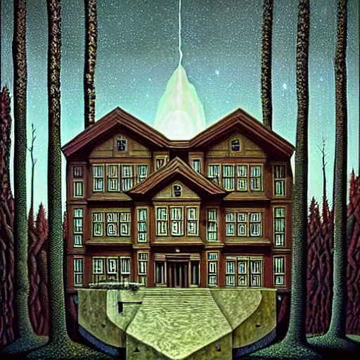 Image similar to a mansion with brutal architecture in the middle of an ancient futuristic druidic village in the woods, painting by jeffrey smith