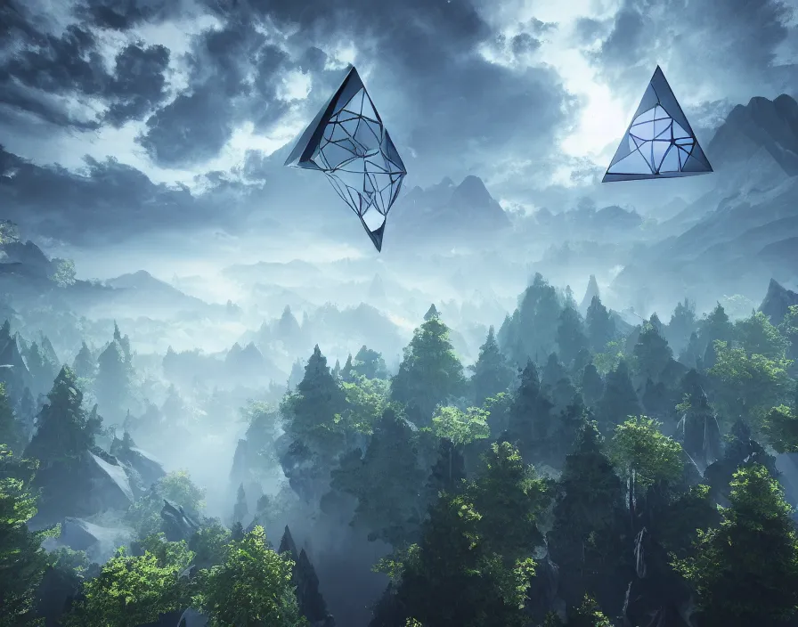 Image similar to flying geometric bringing triangle in center, forest, beautiful graphics, fantasy artwork, very beautiful scenery, hd, hdr, ue 5, ue 6, unreal engine 5, cinematic 4 k wallpaper, 8 k, ultra detailed, by popular digital, details, beautiful image ever created, high resolution, artstation, award winning