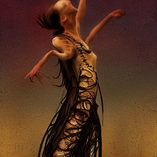 Image similar to burning man ballerina, digital art, post apocalyptic, fantasy, by h. r. giger