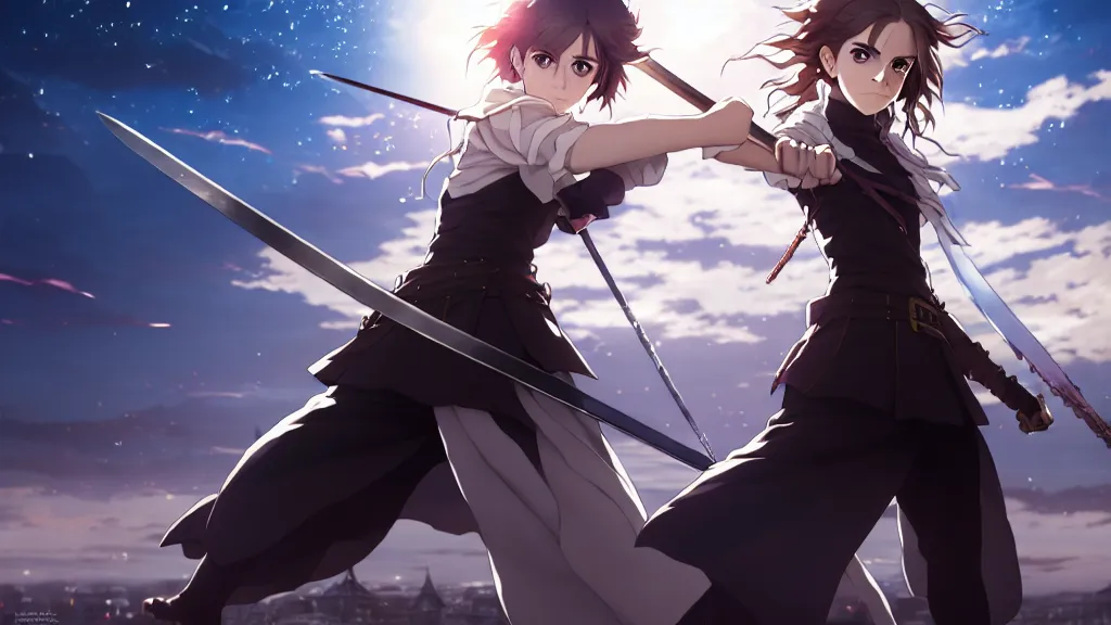 Image similar to a very detailed key visual of emma watson, demon slayer, ufotable, high quality, artgerm, action, on a street, night, fate stay night, unlimited blade works, greg rutkowski, high resolution, dynamic pose, landscape, medium portrait, samurai outfit, action, hyper realistic, anime, koyoharu gotouge, sakuga