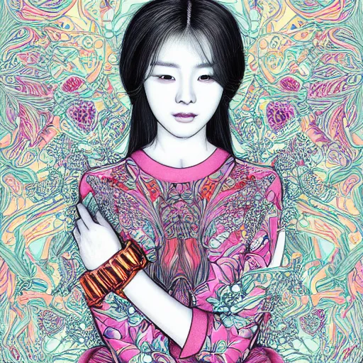 Image similar to the portrait of an absurdly beautiful, graceful, elegant, and sophisticated young kpop idol made of bulbs of garlic, an ultrafine detailed illustration by james jean, intricate linework, bright colors, final fantasy, behance contest winner, vanitas, angular, altermodern, unreal engine 5 highly rendered, global illumination, radiant light, detailed and intricate environment