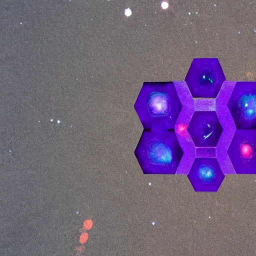 Prompt: hexagonal rhunic plane on a road with purple galaxy seeping out of the hexagons