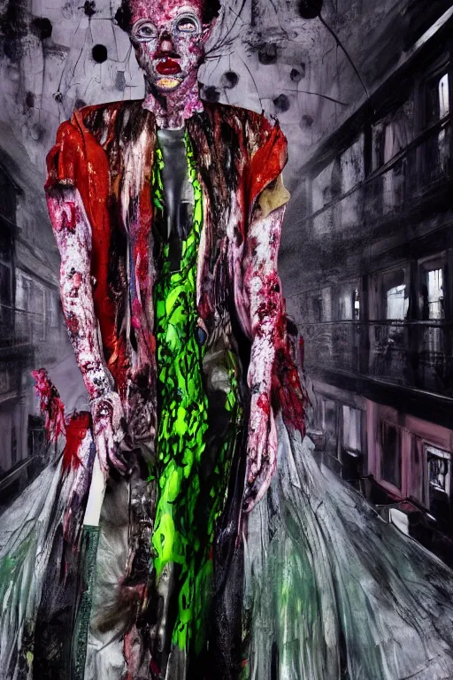 Image similar to crazy fashion catwalk, one model, crazy clothes, biopunk style, horror, clothes look like slime, hauntingly surreal, highly detailed painting by francis bacon, edward hopper, adrian ghenie, gerhard richter, and james jean soft light 4 k,