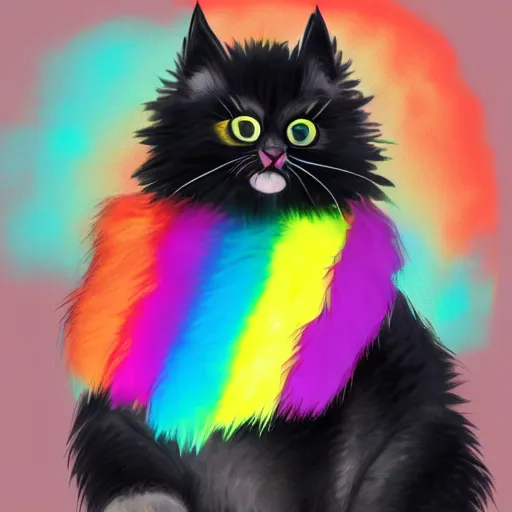 Image similar to wide angle full body, of a fluffy cute rainbow kitten wearing a black motorcycle jacket, concept art