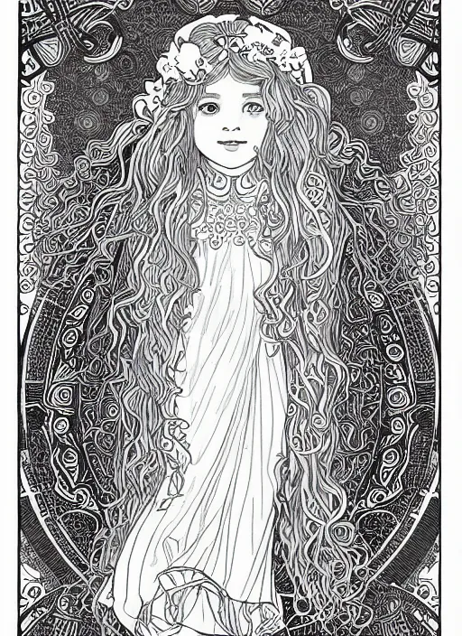 Prompt: clean simple line art of a little girl with wavy curly hair and a blank background. well composed, clean coloring book page, beautiful detailed face. coloring book line art by greg rutkowski and johanna basford and alphonse mucha