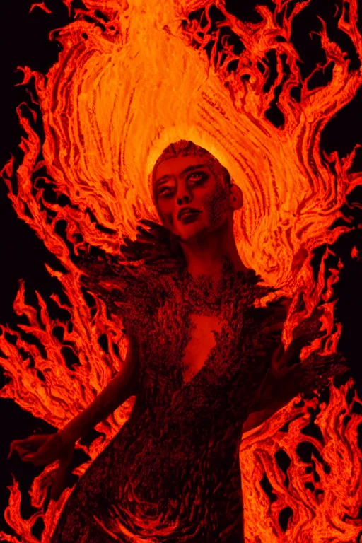 Prompt: high contrast woodblock of a eldritch volcanic fire goddess clothed in a flaming gown, volcanic embers, magma, diffused lighting, hyperrealism, fantasy character art by laura zalenga and alexander holllow fedosav, 8 k dop dof hdr