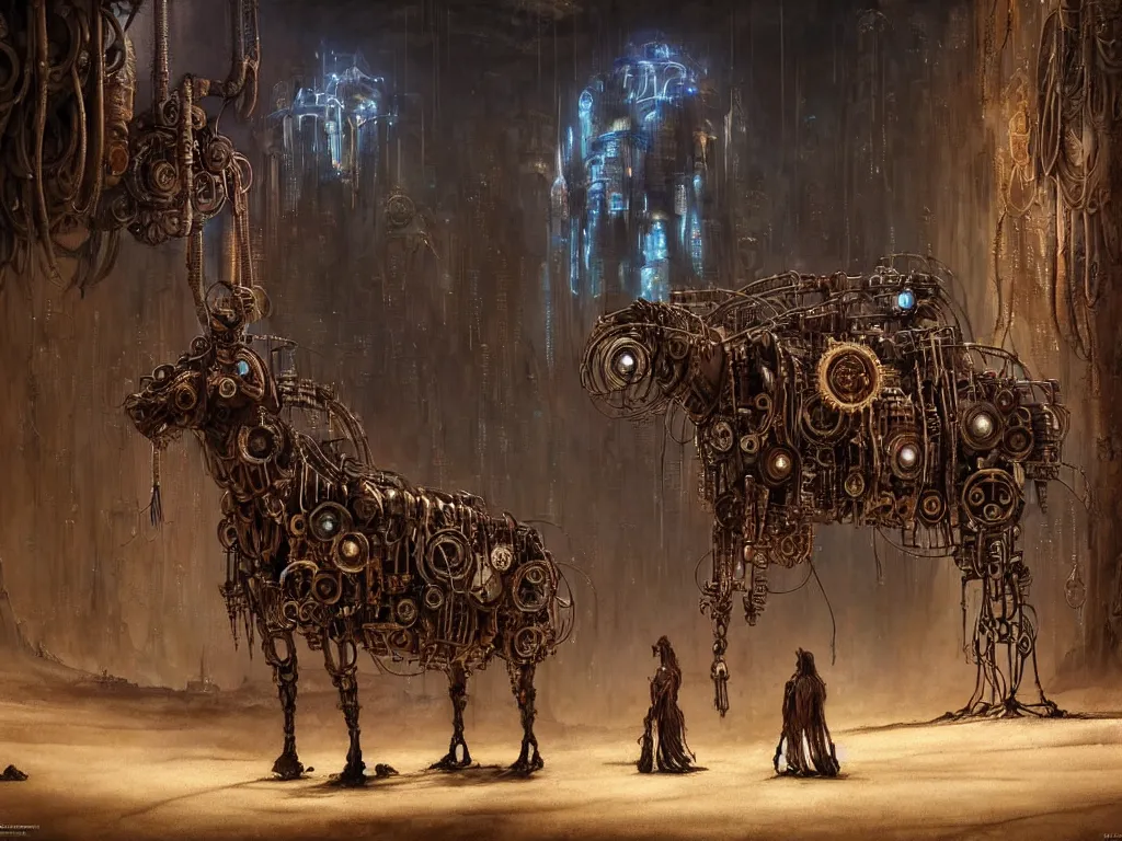 Image similar to A magical male-shaman in shamanistic robes performs a ritual to resurrect a mechanical horse inside a ancient steel ruins are covered with barchans of sand. Art by Finnian MacManus, Simon Stalenhag, Arthur Rackham. Masterpiece, fantasy art, cinematic, hyperdetailed, sigils, photorealistic, cyberpunk, postapocalyptic, steampunk, hyperrealism, octane render, 8k