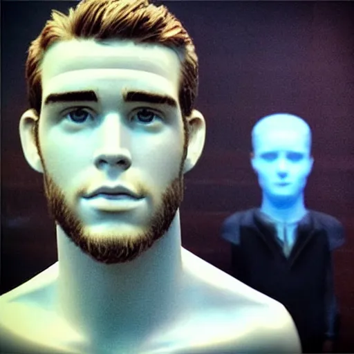 Image similar to “a realistic detailed photo of a guy who is an attractive humanoid who is half robot and half humanoid, who is a male android, actor Liam Hemsworth, shiny skin, posing like a statue, blank stare, at the museum, on display”