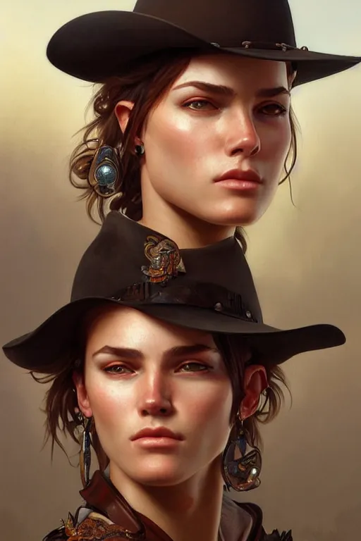 Prompt: photorealistic portrait of a young butch cowgirl woman, handsome, female, masculine, upper body, fantasy, fierce, sharp features, intricate, elegant, highly detailed, digital painting, artstation, concept art, matte, sharp focus, illustration, art by artgerm and greg rutkowski and alphonse mucha