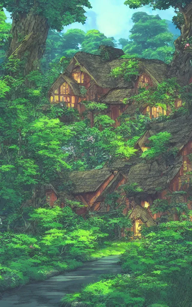Prompt: Stunning cottage, solar, lush, forest, beautiful, by Studio Ghibli and Michael Kincade, artstation