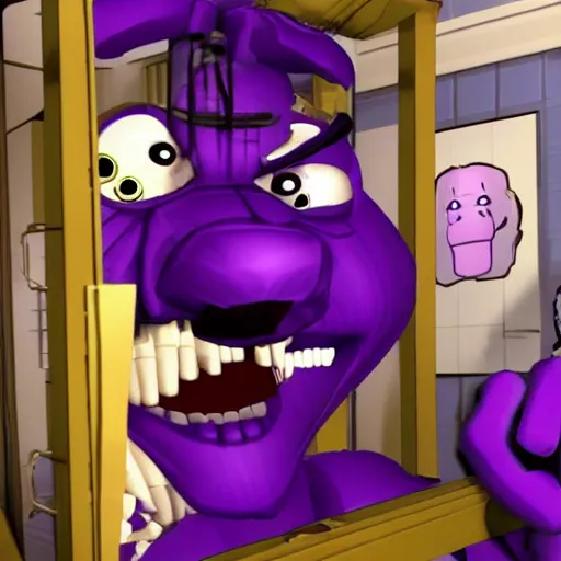 Prompt: Nicholas Cage in Five nights at Freddy's enjoying the purple guy