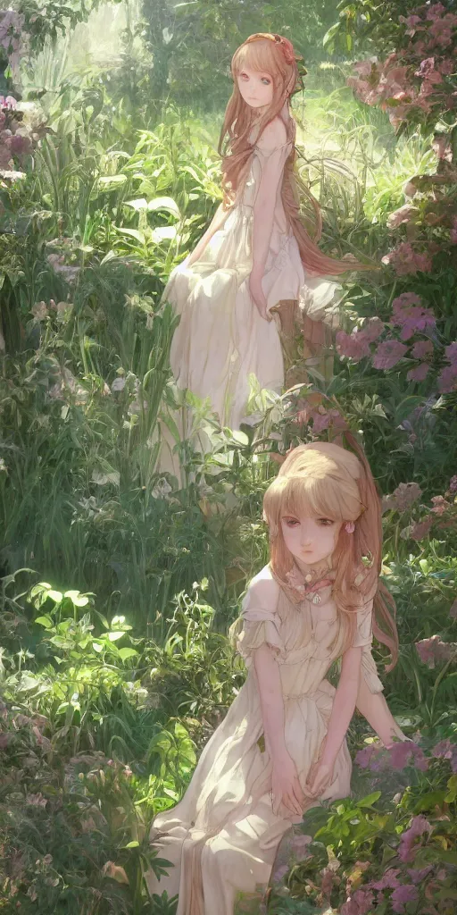 Image similar to a digital art of a loli with long hair in a dress in the privet garden at after noon, green and warm theme, back lighting, by krenz cushart and mucha and akihito yoshida and greg rutkowski and makoto shinkai, graphic design, detailed eyes, 4 k resolution, trending on art station