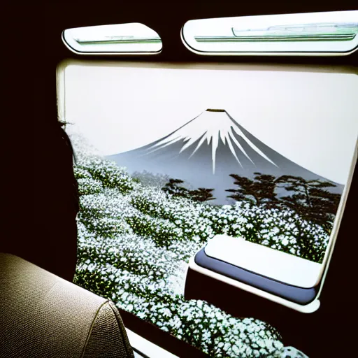 Prompt: hyperrealistc, photographic, highly detailed, foreground shinkansen interior with seat and table at foggy window view of background like a still image of fujiyama in the distance beyond sakura trees in the 1 9 6 0 s