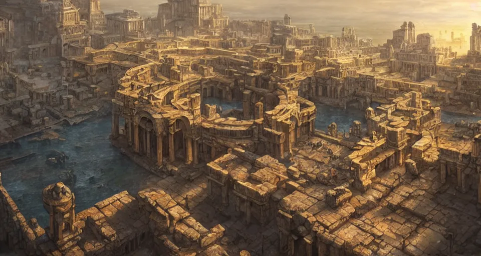 Prompt: drone shot ancient city of atlantis with big buildings in gold, fantasy, magical, cinematic, establishing shot, atmospheric lighting, extremely detailed, intricate, sharp focus, coherent, art style of marc simonetti, bowater charlie and brom gerald