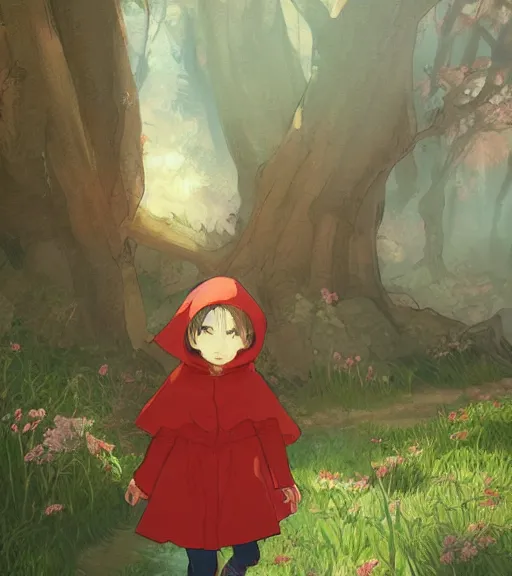 Image similar to attractive little boy character inspired in little red riding hood, digital artwork made by akihiko yoshida and makoto shinkai