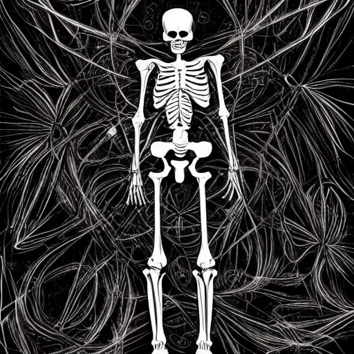 Prompt: a detailed caricature of a skeleton in the style of Artgerm, realistic simulation, encodings, black light, blurry, symmetrical, bokeh, protozoa, silver detailed