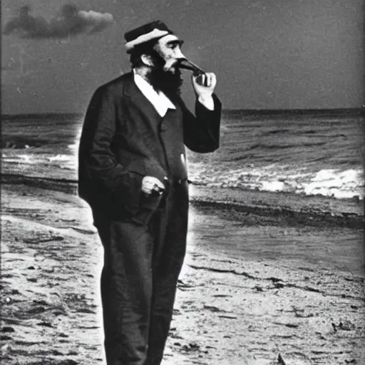 Image similar to an old photograph of Fidel Castro smoking a cigar and walking in the beach. There is a storm in the background. 1850s color photography. Award winning.