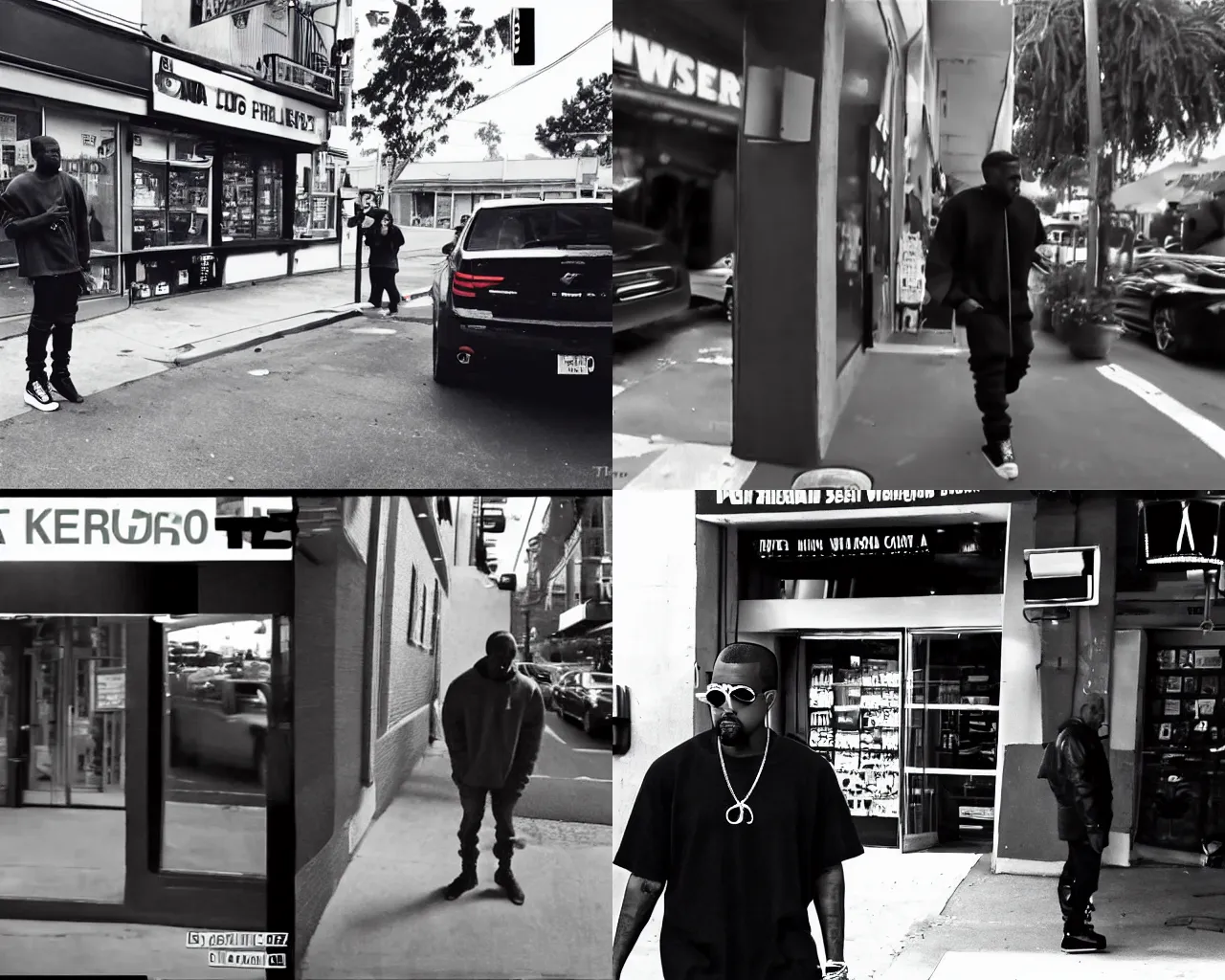 Prompt: camera footage of kanye west outside corner store with time code, high exposure, dark, monochrome, camera, grainy, CCTV, security camera footage, timestamp, zoomed in, fish eye lense