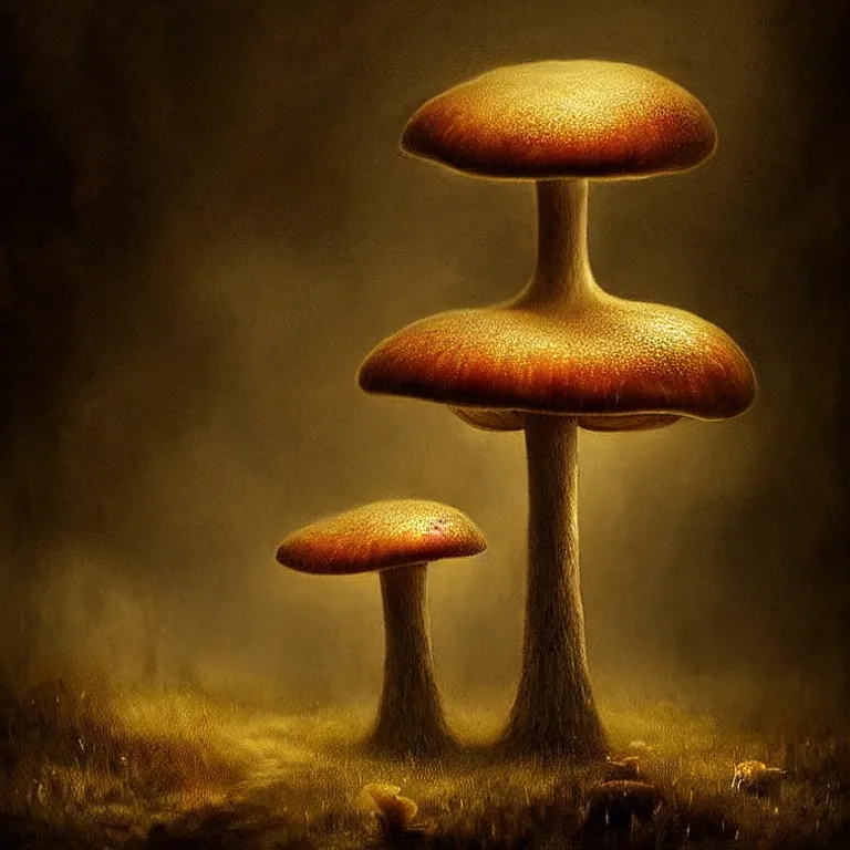 Image similar to epic professional digital art of startling mushroom, faint golden moody atmospheric lighting, painted, intricate, detailed, detailed, foreboding, by leesha hannigan, wayne haag, reyna rochin, ignacio fernandez rios, mark ryden, iris van herpen,, epic, stunning, gorgeous, much wow, cinematic, masterpiece.