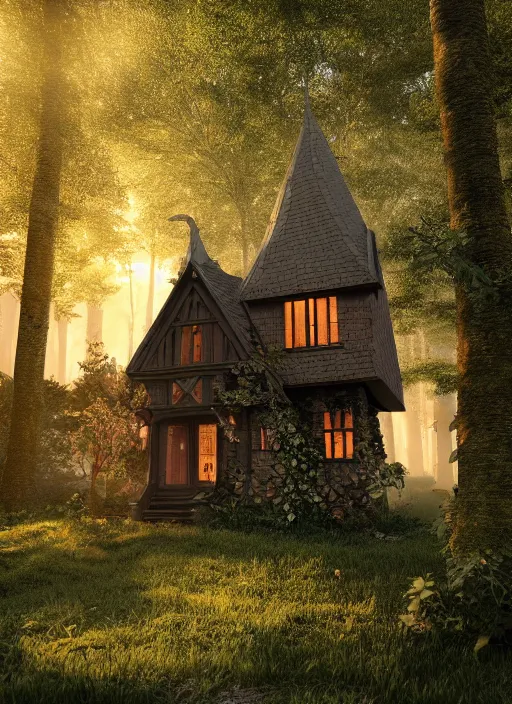 Prompt: hyper realistic homely witch cottage with random architectural styles, in the woods gorgeous lighting, highly detailed, lush forest architectural render, octane render, ue 5 raytraced