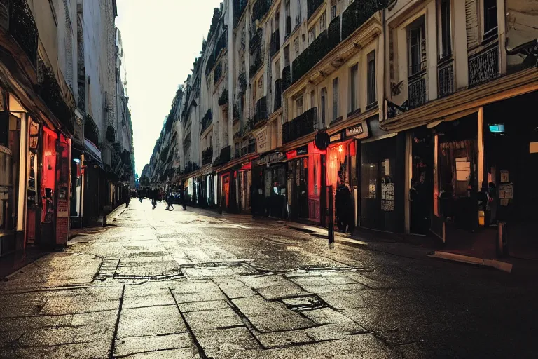 Image similar to photo of the streets of Paris under American domination, US colonization, military occupation, dystopia, science fiction, highly detailed, super realistic, cinematic, intense lighting, apple logo, flags, American military cyborgs, French paranoia