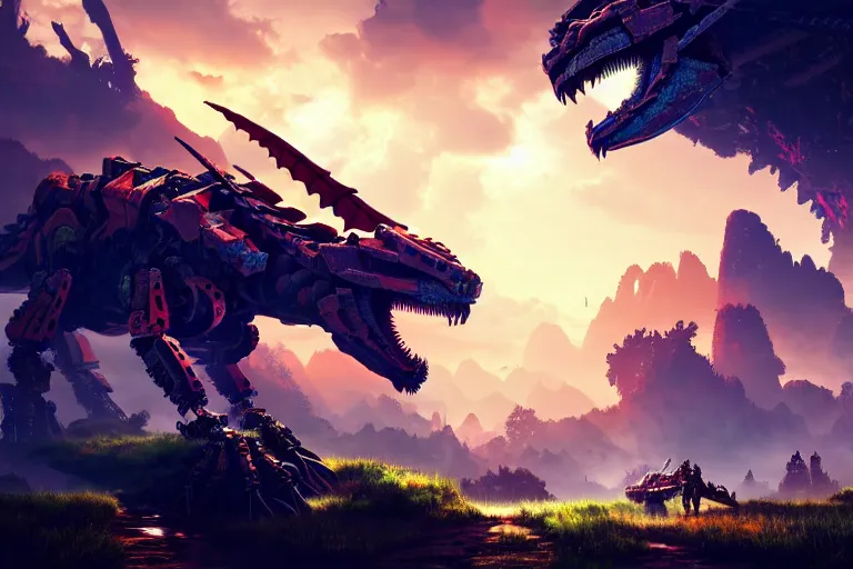 Image similar to dragon machine mecanical creature robot of horizon forbidden west horizon zero dawn bioluminiscence global illumination ray tracing hdr fanart arstation by ian pesty and alena aenami artworks in 4 k