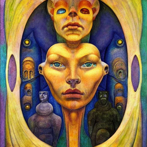 Prompt: robot queen with human eyes, by annie swynnerton and diego rivera and lucien freud and jean delville and evelyn de morgan, symbolist, dramatic lighting, elaborate geometric ornament, art brut, soft pastel colors, smooth, sharp focus, extremely detailed, adolf wolfli, leo and diane dillon, nicholas roerich, donato giancola