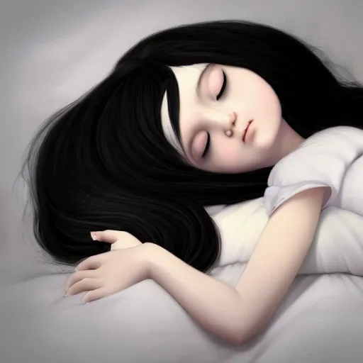 Image similar to little girl with an long black hair dressed in a simple white dress sleeping, anime art style, digital art ilya kuvshinov, inspired by balthus, hd, 4 k, hyper detailed, top view, dark, anatomically correct, angelic face