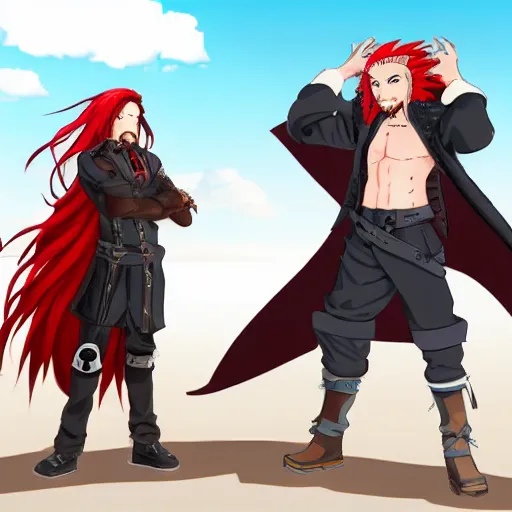 Prompt: male sky-pirate with long red hair and red beard in front of an airship, full metal alchemist, anime style