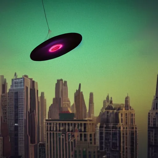 Image similar to photorealistic 3d render of a flying saucer flying over manhattan studio lighting, green background, in the style of pixar, highly detailed, sharp focus, bokeh, depth of field, 16k resolution, Unreal Engine 5, coherent, cinematic lighting, beautiful painting, from behind with halo effect