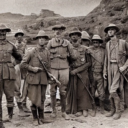Prompt: a detailed photorealistic sepia - toned photo of a 1 9 1 7 clean - shaven british soldiers standing with bedouin traders, ultra realistic, painted, intricate details, lovecraft, atmospheric, dark, horror, brooding, highly detailed, by clyde caldwell