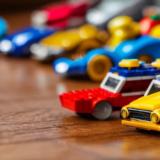 Image similar to tilt-shift photography of a group of Hotwheels cars racing on a hardwood floor, Lego minifigures are cheering them on in the background