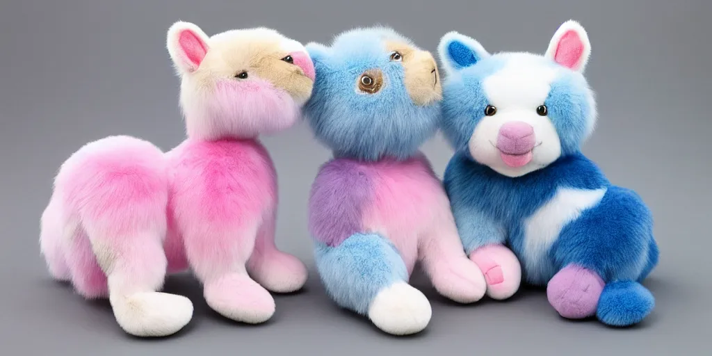 Image similar to 3 d precious moments plush animal with realistic fur and a blue / white / gray / green / pink / tan / mid pink / blue gray color scheme, landscape with blue / white / gray / green / pink / tan / mid pink / blue gray color scheme palette, master painter and art style of john william waterhouse and caspar david friedrich and philipp otto runge