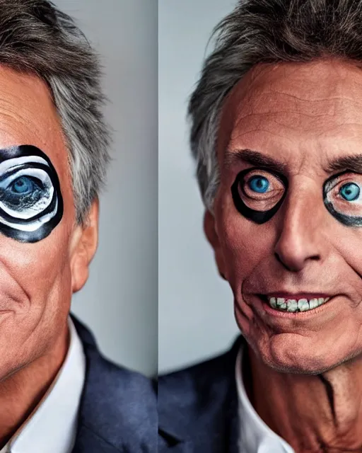 Image similar to Mauricio Macri in Elaborate Cat Man Makeup and prosthetics designed by Rick Baker, Hyperreal, Head Shots Photographed in the Style of Annie Leibovitz, Studio Lighting