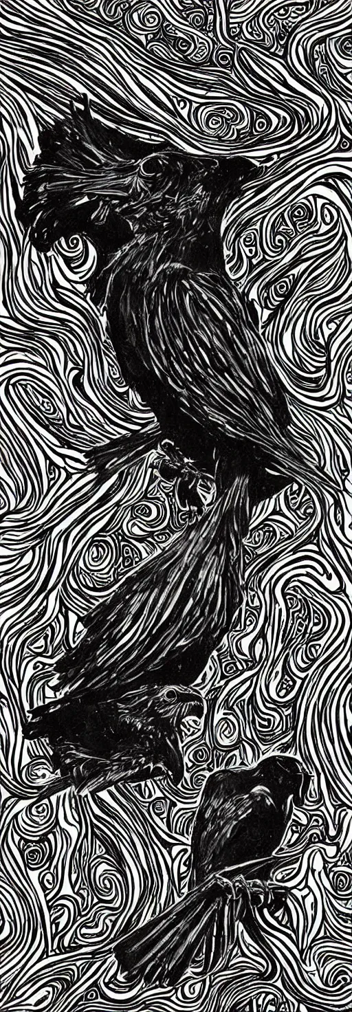 Image similar to psychedelic, monochrome artwork!!, of a raven and raven combined, in front of an owl that is a window into the ocean, by didier comes, graphic novel art,