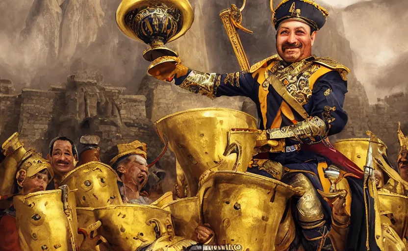 Prompt: smiling spanish conquer soldier francisco pizarro holding golden cup on a inca temple, highly detailed, digital painting, artstation, concept art, sharp focus, dreamy illustration, art by katsuhiro otomo, magali villeneuve, artgerm, rutkowski jeremy lipkin and giuseppe dangelico pino and michael garmash and rob rey