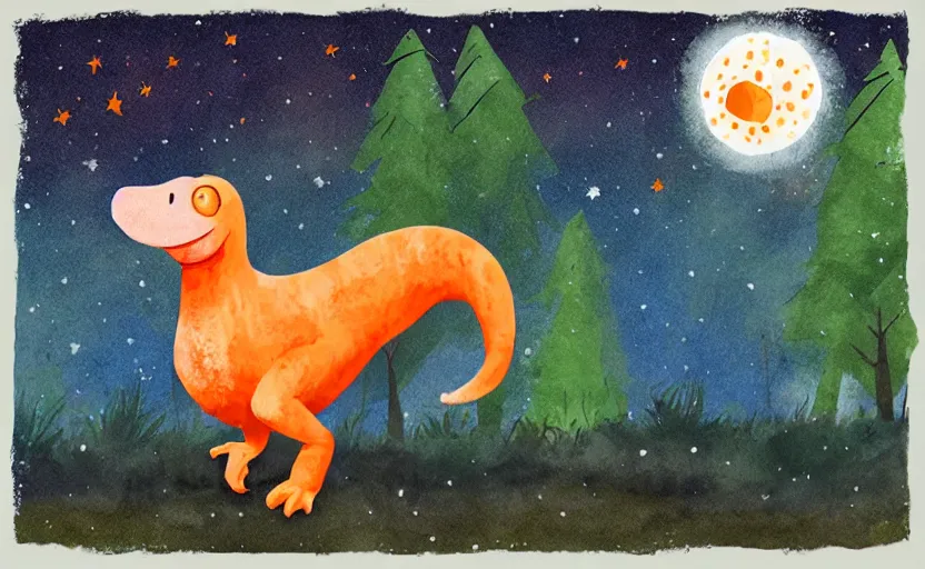 Image similar to a friendly orange dinosaur walking in the forest at night, moon, stars, water color, digital art